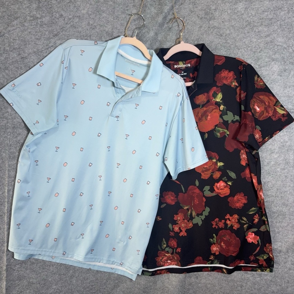 Bonobos Golf Polo Shirt Men Sz M Blue Black Floral Cocktails -LOT OF‎ 2